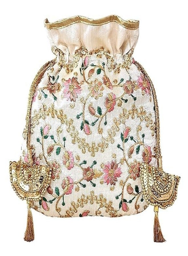 داتشيس حقيبة بوتلي دوقة بيضاء مطرزة بالزهور للنساء | حقيبة بوتلي أنيقة لحفلات الزفاف والمناسبات، بمقبض ذهبي وشرابات | حقيبة باتوا تقليدية للعروس، مثالية للمناسبات الاحتفالية والهدايا | خفيفة الوزن وواسعة - Image 2